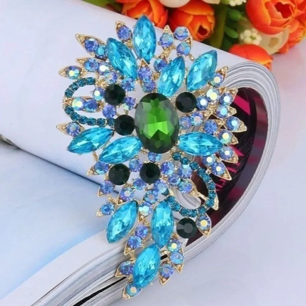 Yellow Gold and Aquamarine Austrian Crystal Flower and Leaf Bouquet Brooch Pin